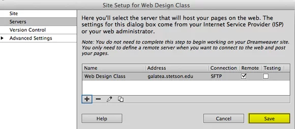 dreamweaver save server information