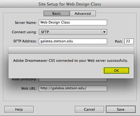 dreamweaver test ftp/sftp connection